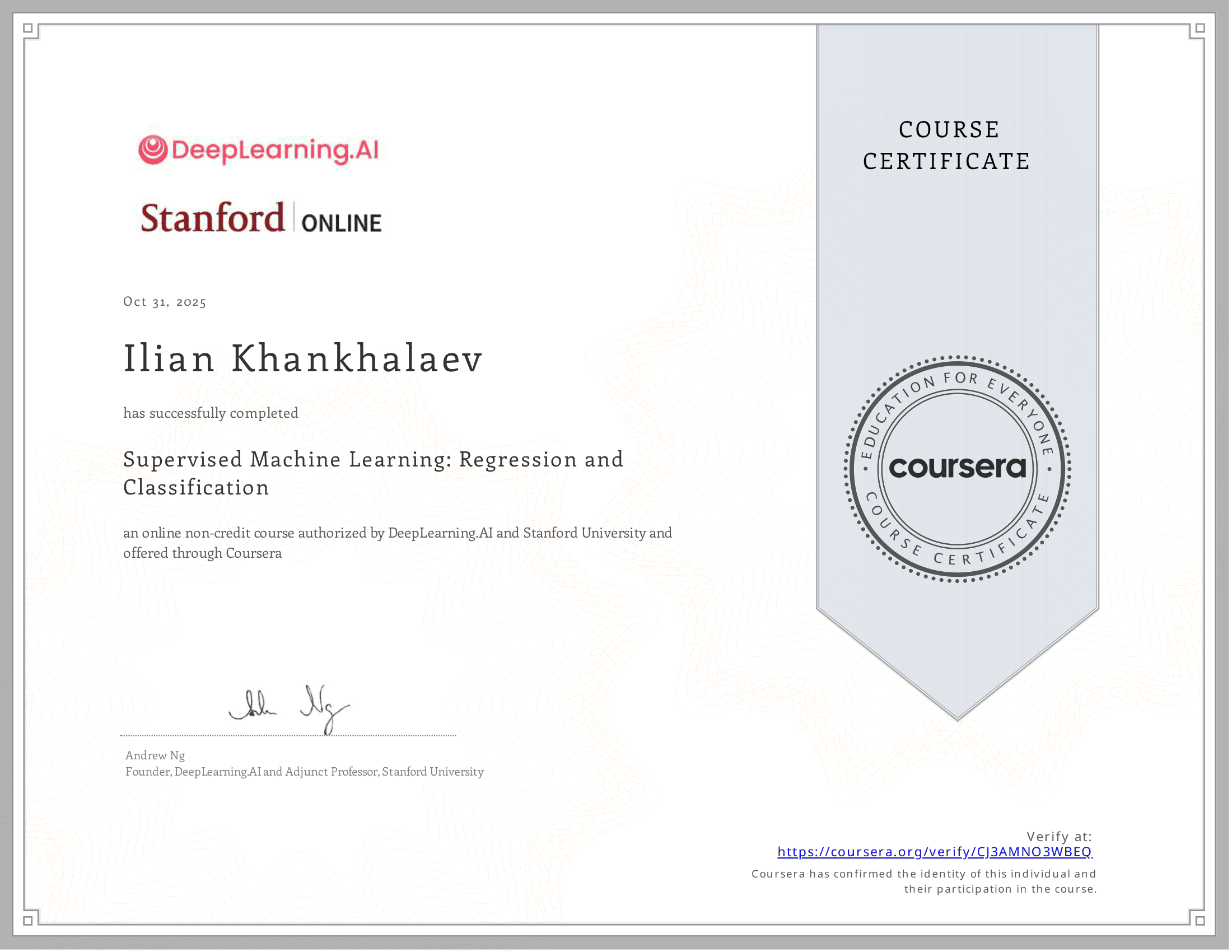 Machine Learning certificate preview